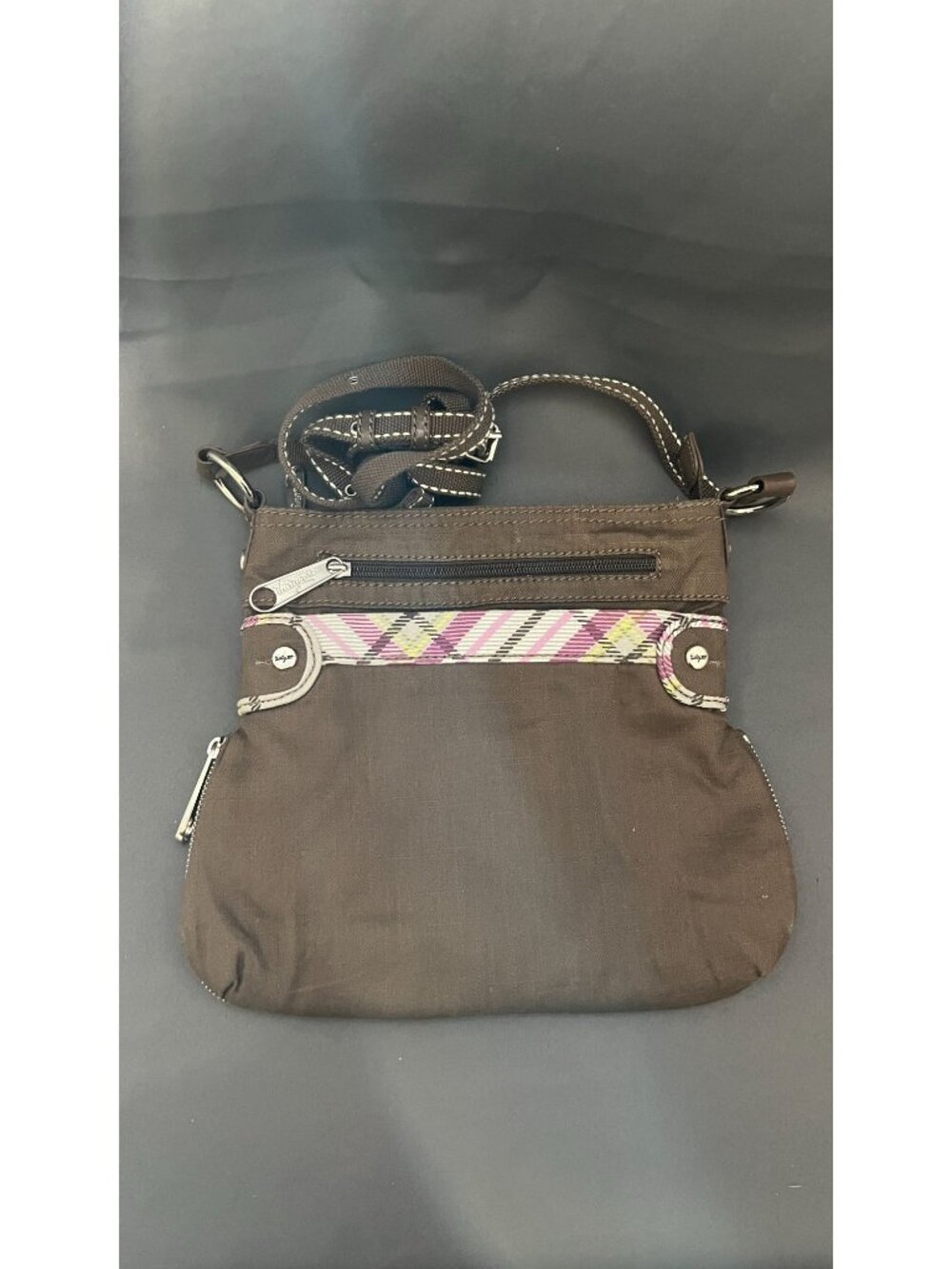 Brown Crossbody Bag With Plaid Interior Adjustable Strap Multiple Zipper Pockets